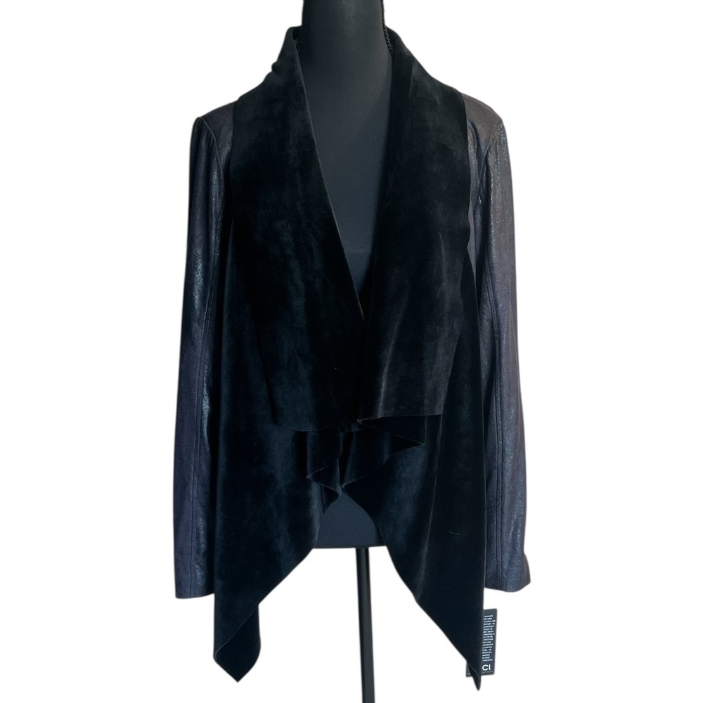 BNCI Black Faux Velvet Waterfall Moto Jacket Metallic Leather Look NWT S